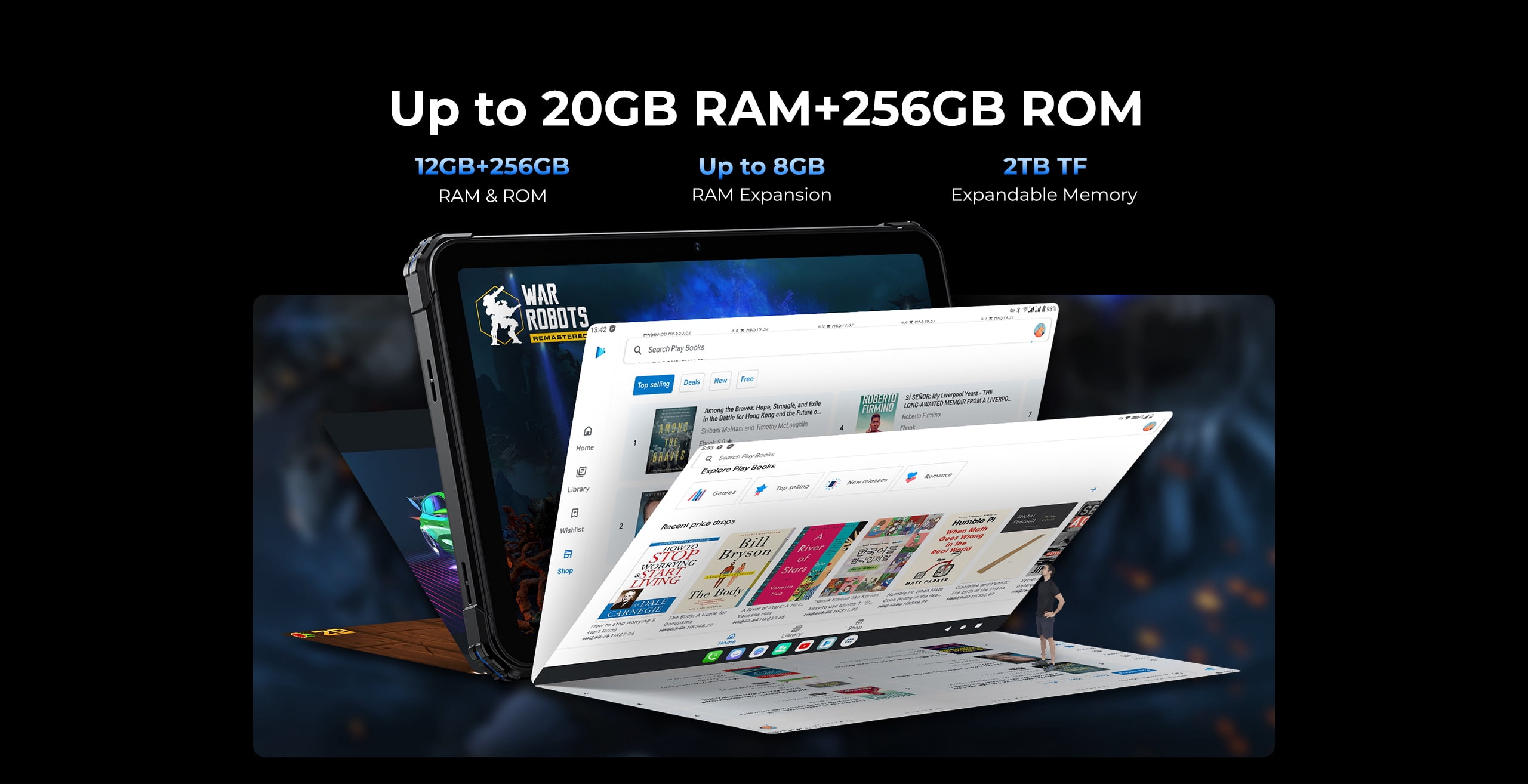 FOSSIBOT Rugged Tablet DT2 10.4 inch, 22000mAh 20GB+256GB, 66W Rapid Charging, 2K Display, Android 13, 4G LTE/WiFi 6,64+32MP Face Unlock, OTG