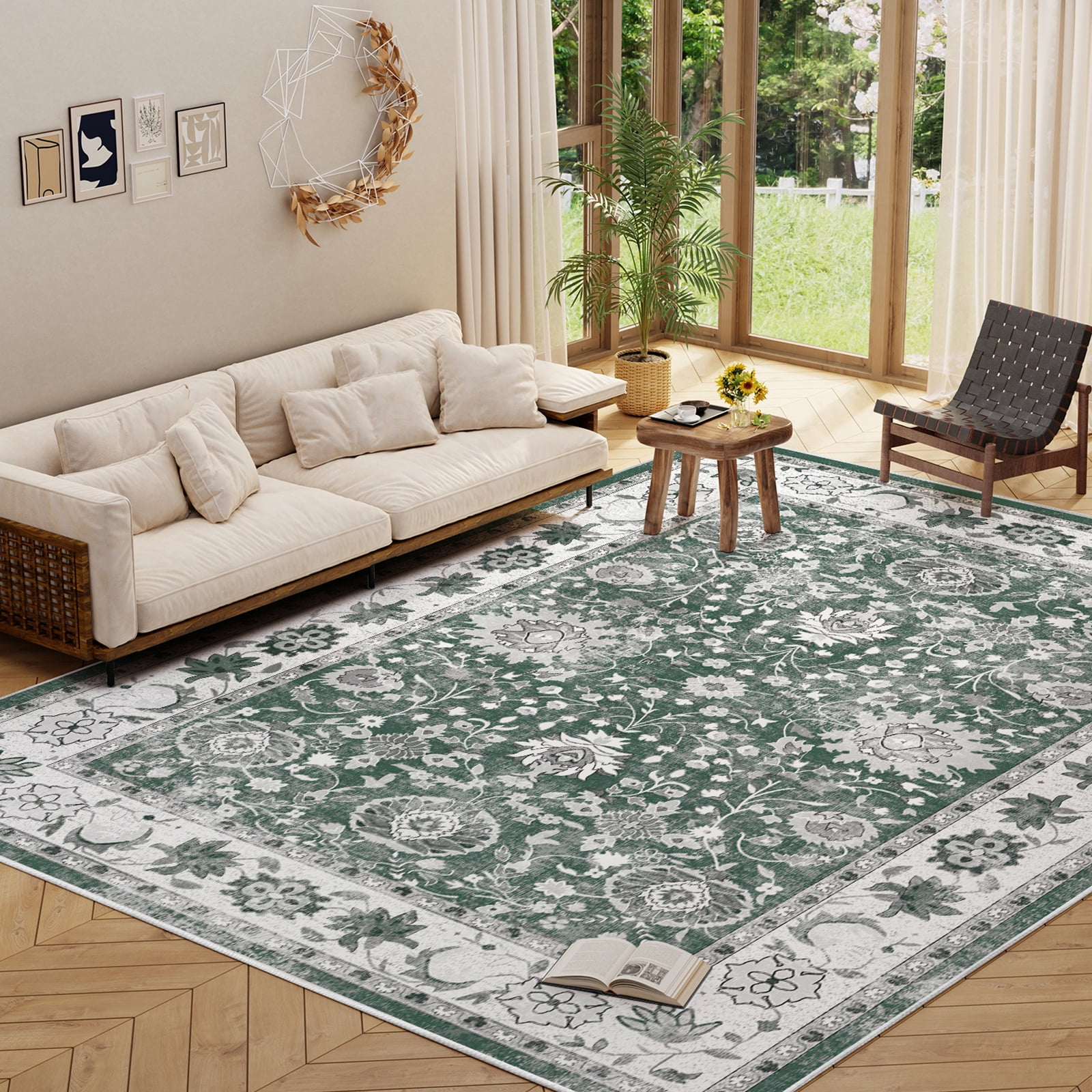 Cozylore 9'x12' Area Rugs for Living Room Modern Rug Soft Low Pile Non Slip Carpet Machine Washable Indoor Rug for Bedroom Dining Room, Green