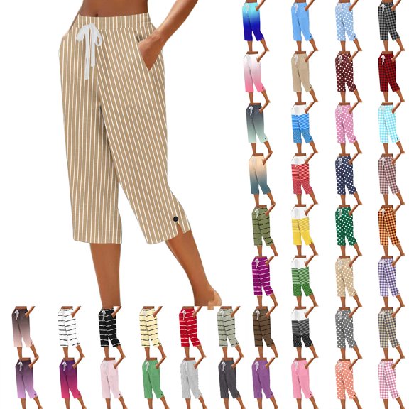 VBVC Women's Drawstring Striped Capri Pants, Loose Knee Length Cropped Trousers For Women, Ladies' Summer Lightweight Lounge Pants with Pockets,Green,S-2XL