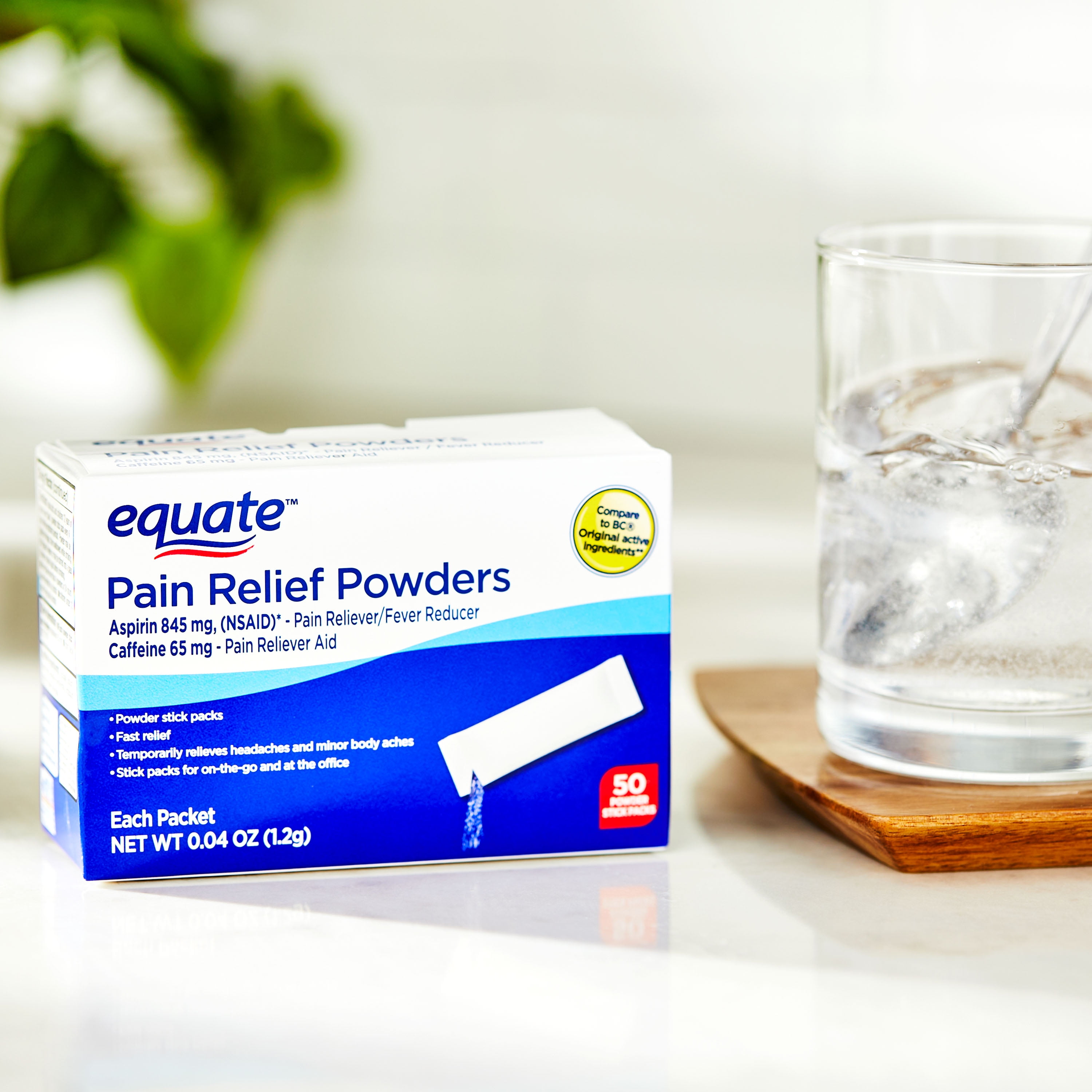 Equate Pain Relief Powder Stick Packets, Aspirin and Caffeine, 845 mg/65 mg, 50 Count, Compare to BC® Original Active Ingredients