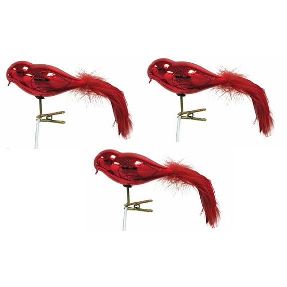 Shiny Red Birds with Feather Tail Polish Glass Clip On Ornament Set of 3