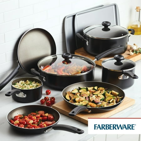 Farberware Easy Clean 22 Pcs Nonstick Cookware Set Includes Griddle Pan and Cooking Tools, Dishwasher Safe, Black
