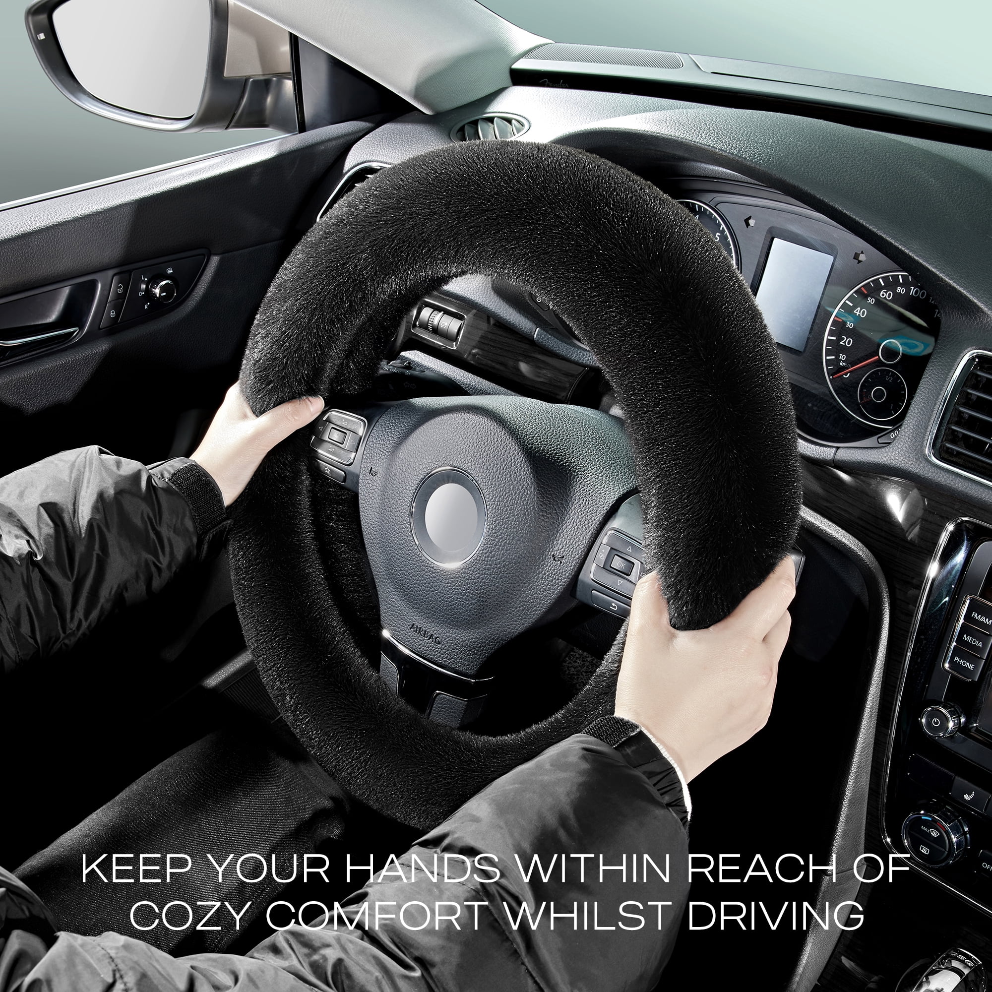 Auto Drive 1Piece Car Steering Wheel Cover Cozy Soft Faux Fur Polyester - Universal Fit, Black