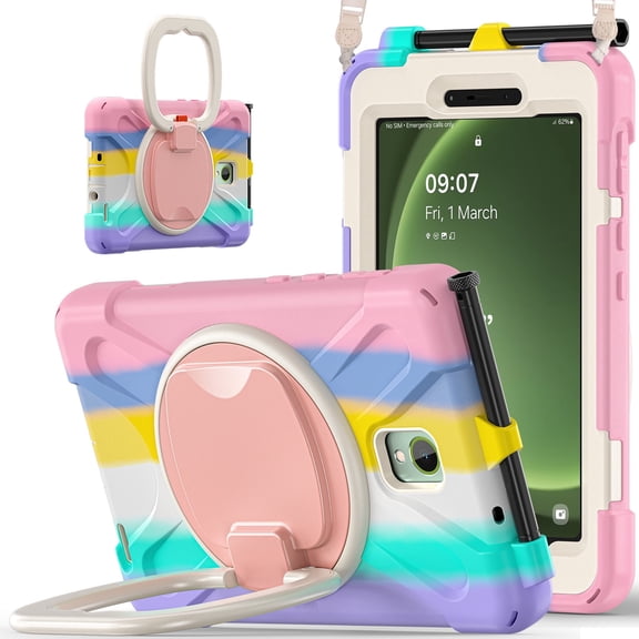 Case for Samsung Galaxy Tab Active5 8.0 inch SM-X300/SM-X306B, 360 Degree Rotating Hand Grip Shockproof Cover with Shoulder Strap, Colourful Pink