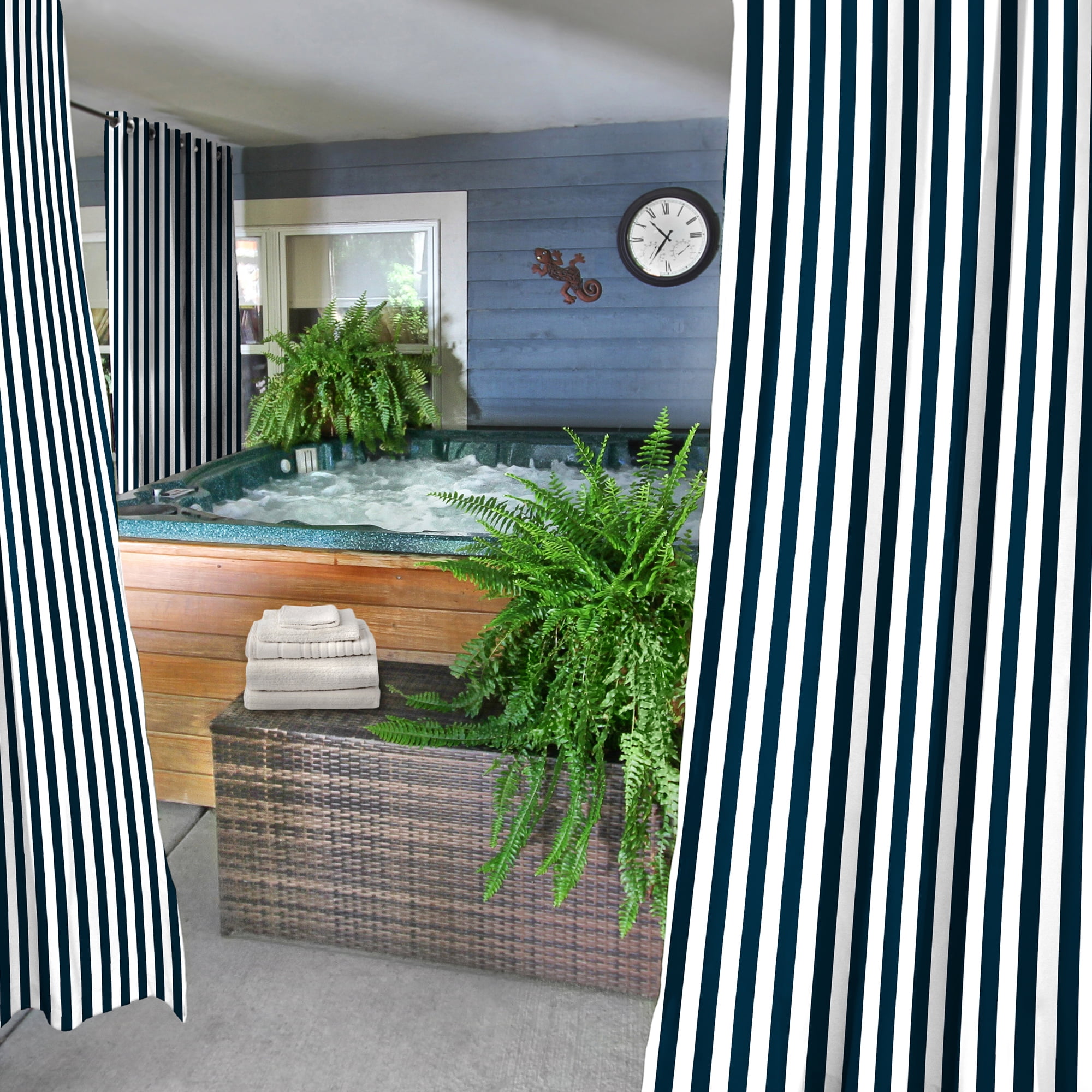 Jordan Manufacturing 54" x 96" Navy Stripe Grommet Semi-sheer Outdoor Curtain Panel (2 Pack)