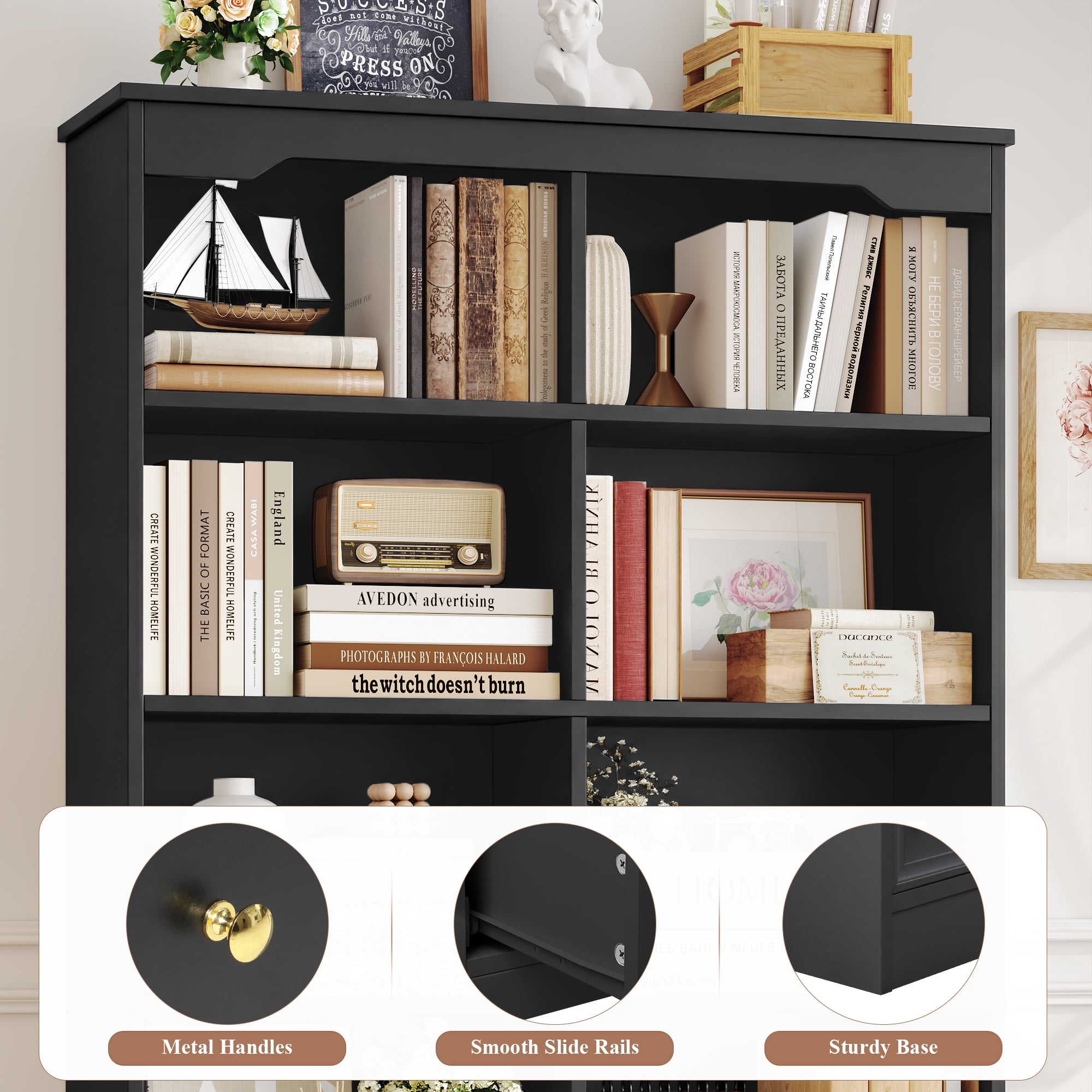 Homfa Double Row 6 Tier Bookcases, 71 in Tall Bookcase Bookshelf with 4 Drawers and 8 Display Cubicles, for Home Office Living Room, Black