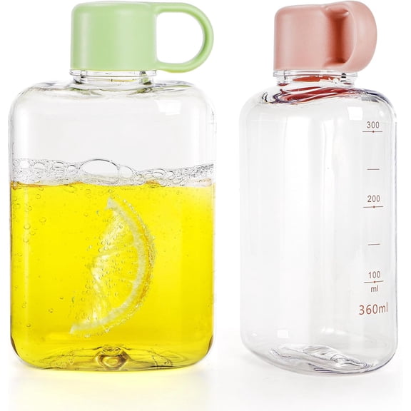 2 Pack Portable Flat Water Bottle, 12 oz BPA Free Slim Drinking Bottle, Plastic Travel Flask for Outdoor Sports, Camping, Fitness, Gym, Fits Purse Bag Pocket