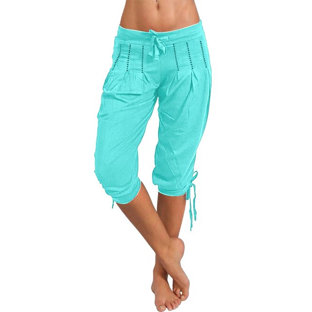 Lroveb Capri Pants for Women Drawstring Workout Summer Pants Solid Color Large Size Harlan Pants Ladies Sportswear Sky Blue