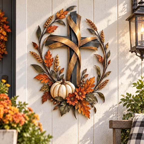 12 Inch Autumn Cross and Pumpkin Harvest Metal Wall Decor, Vintage Farmhouse Fall Wall Plaque, Rustic Thanksgiving Hanging Decoration for Porch Entryway Garden