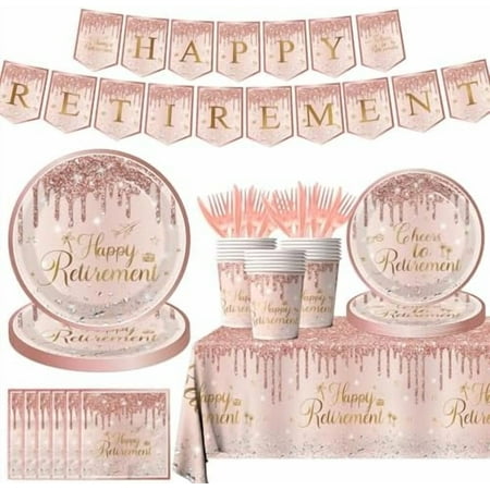 142pcs Rose Gold Retirement Party Decorations for Women, Happy Retirement Disposable Plates Napkins Cups Tablecloth Banner Cutlery for Retired Party Supplies$$Home Decor, Kitchen, & Other
