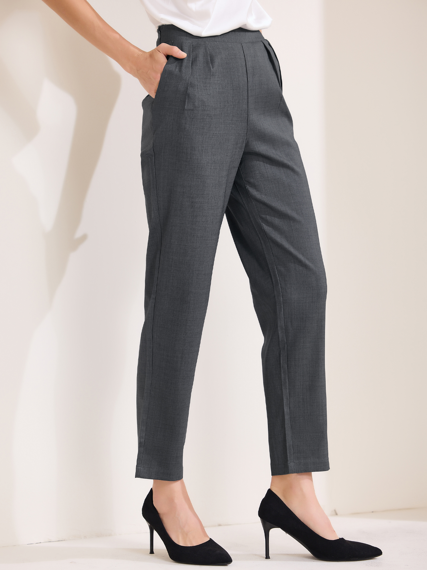 DARING DIVA Women's Straight Leg High Waist Cropped Pants with Slant Pockets M Dark Grey