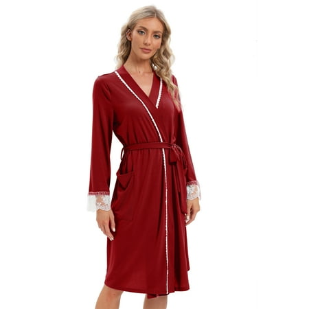

Women Loungewear Pajamas Lace Long Bathrobe Night Robes Medium-Length Kimono Robes V Neck Trim Nightgown with Pockets Wine red S-2XL