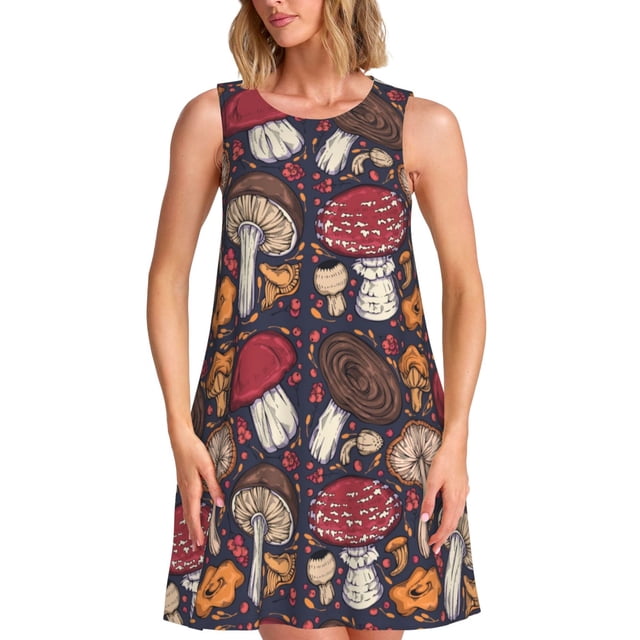 Easygdp Forest Wild Mushroom para Vestido Transpirable de Mujer, Vestido Suelto de Manga Corta con Pliegues y Bolsillos para el Verano