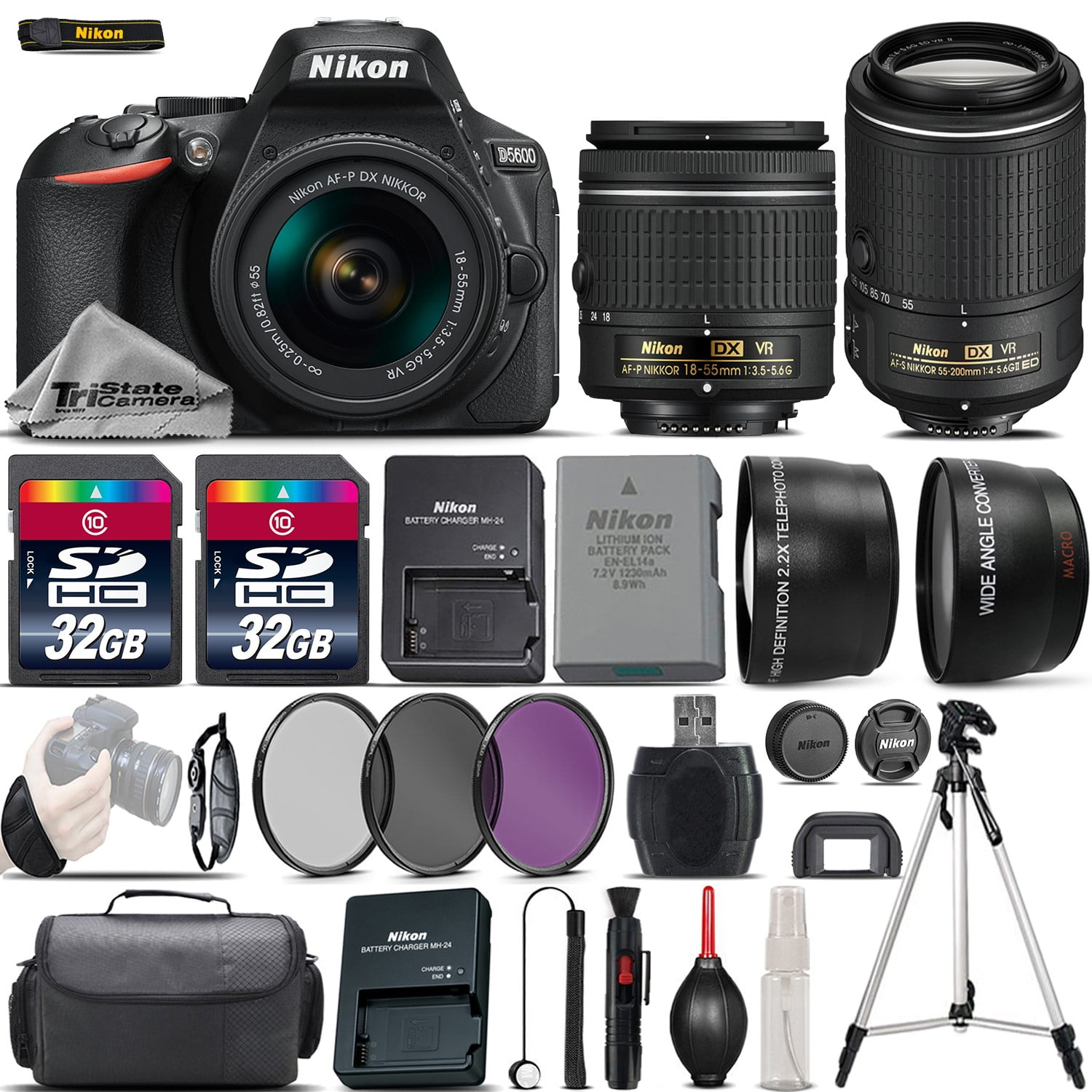 Nikon D5600 Digital Slr Camera 18 55mm Vr 55 0mm Vr Ii 64gb 4 Lens Kit Walmart Com Walmart Com