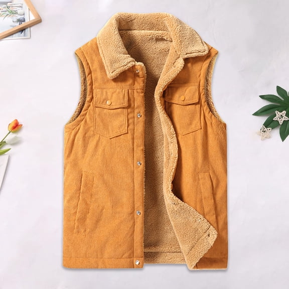 Big and Tall Corduroy Vests for Young Men Sleeveless Fleece Jacket Full Zipper Casual Collared Sherpa Vests with Pockets M-5XL