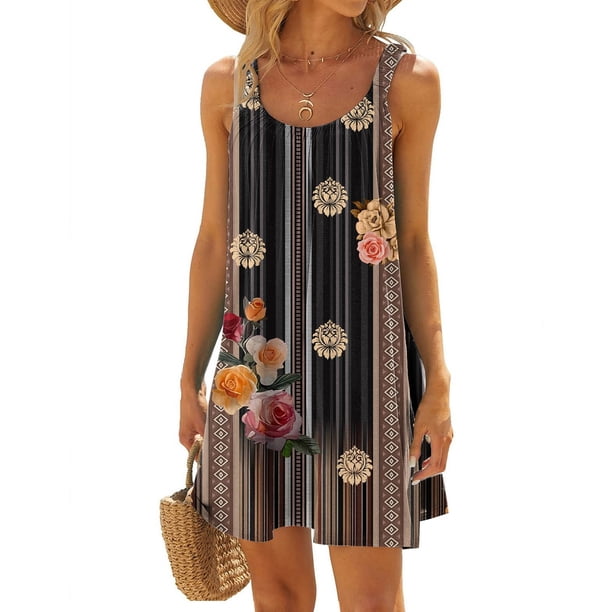 Vestidos de Lino Para Mujer, Vestido Informal de Playa Con Tirantes Al Hombro y Plisado Sin Mangas Con Estampado de Flores A La Moda de Verano Para Mujer