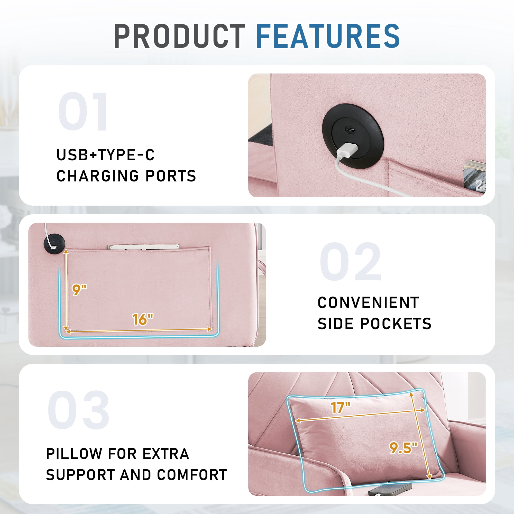Lunale 3-in-1 Convertible Sleeper Chair Bed, Indoor Lounge Chair with USB/Type-C, Pink Velvet