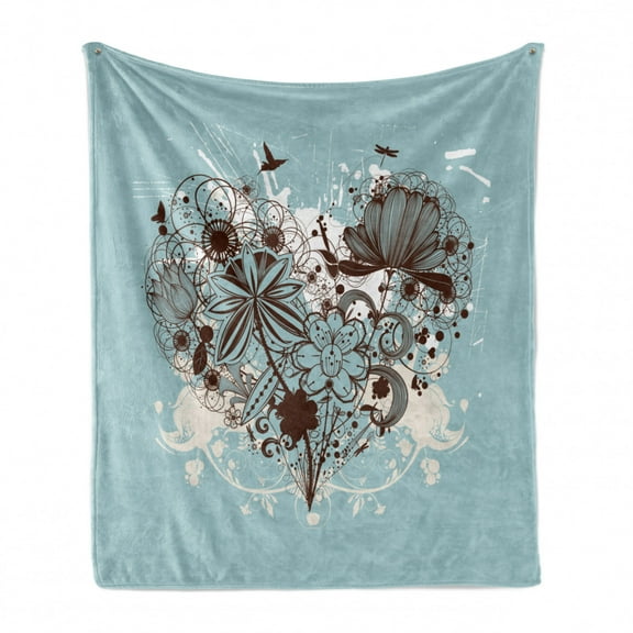 Floral Soft Flannel Fleece Throw Blanket, Silhouette Bouquet of Flowers in Heart Shape with Dragonflies, Cozy Plush for Indoor and Outdoor Use, 70" x 90", Dark Brown Pale Blue, by Ambesonne