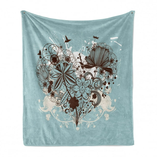 Floral Soft Flannel Fleece Throw Blanket, Silhouette Bouquet of Flowers in Heart Shape with Dragonflies, Cozy Plush for Indoor and Outdoor Use, 60" x 80", Dark Brown Pale Blue, by Ambesonne