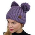 thumbnail image 2 of C.C 2 Ear Pom Pom Cable Knit Soft Stretch Cuff Skully Beanie Hat, Violet, 2 of 3