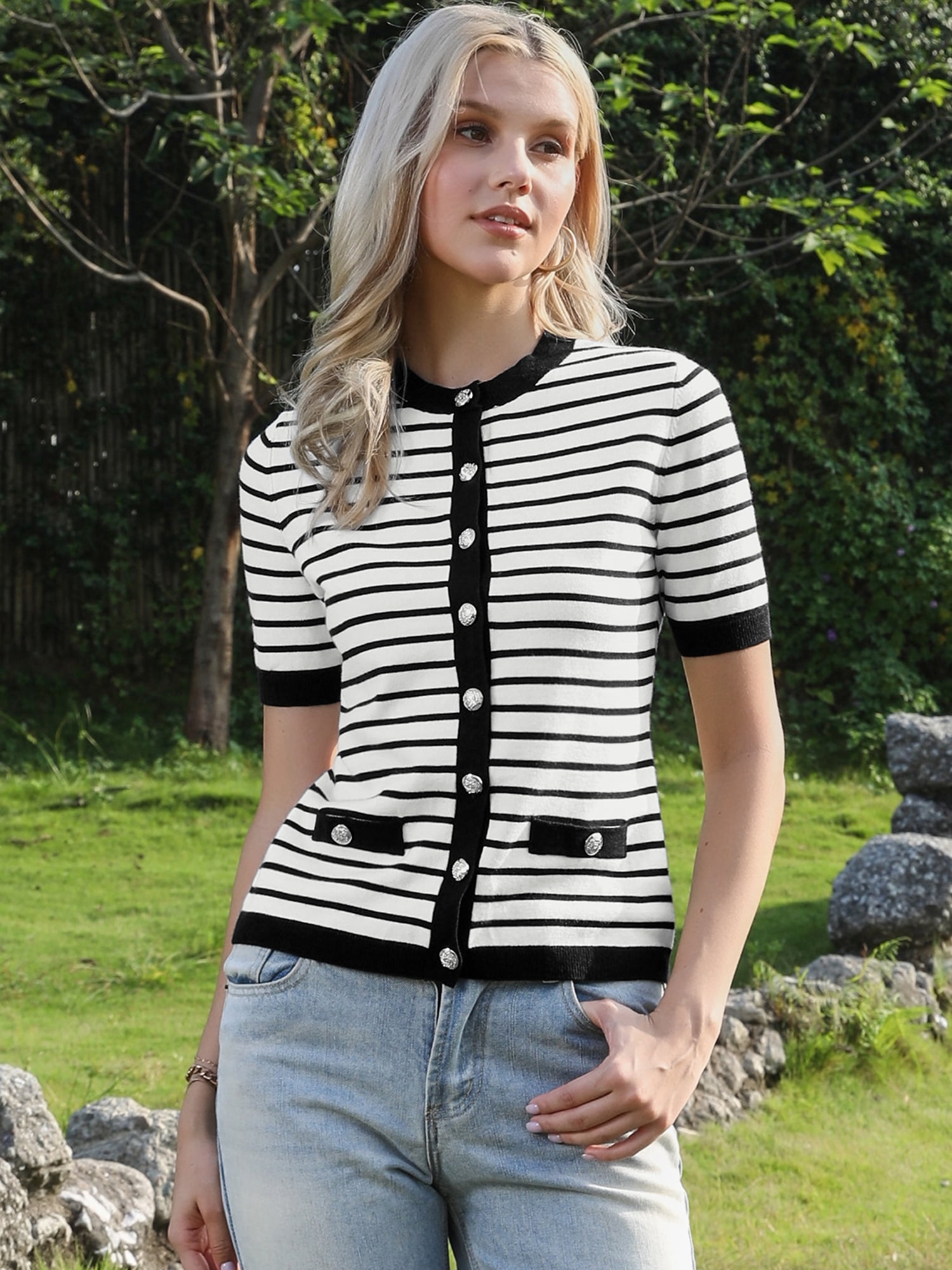 DARING DIVA Women's Striped Short Sleeve Button Down Sweater M Black White Stripe