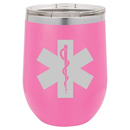 

12 oz Double Wall Vacuum Insulated Stainless Steel Stemless Wine Tumbler Glass Coffee Travel Mug With Lid Star Of Life EMT Paramedic (Hot-Pink)