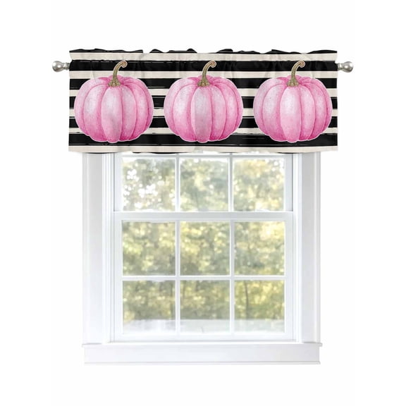 Thanksgiving Fall Valances for Windows Retro Pink Pumpkin Black White Stripes Kitchen Valance Curtain Rod Pocket Small Curtains for Cafe Bathroom Laundry Basement 42" x 12"