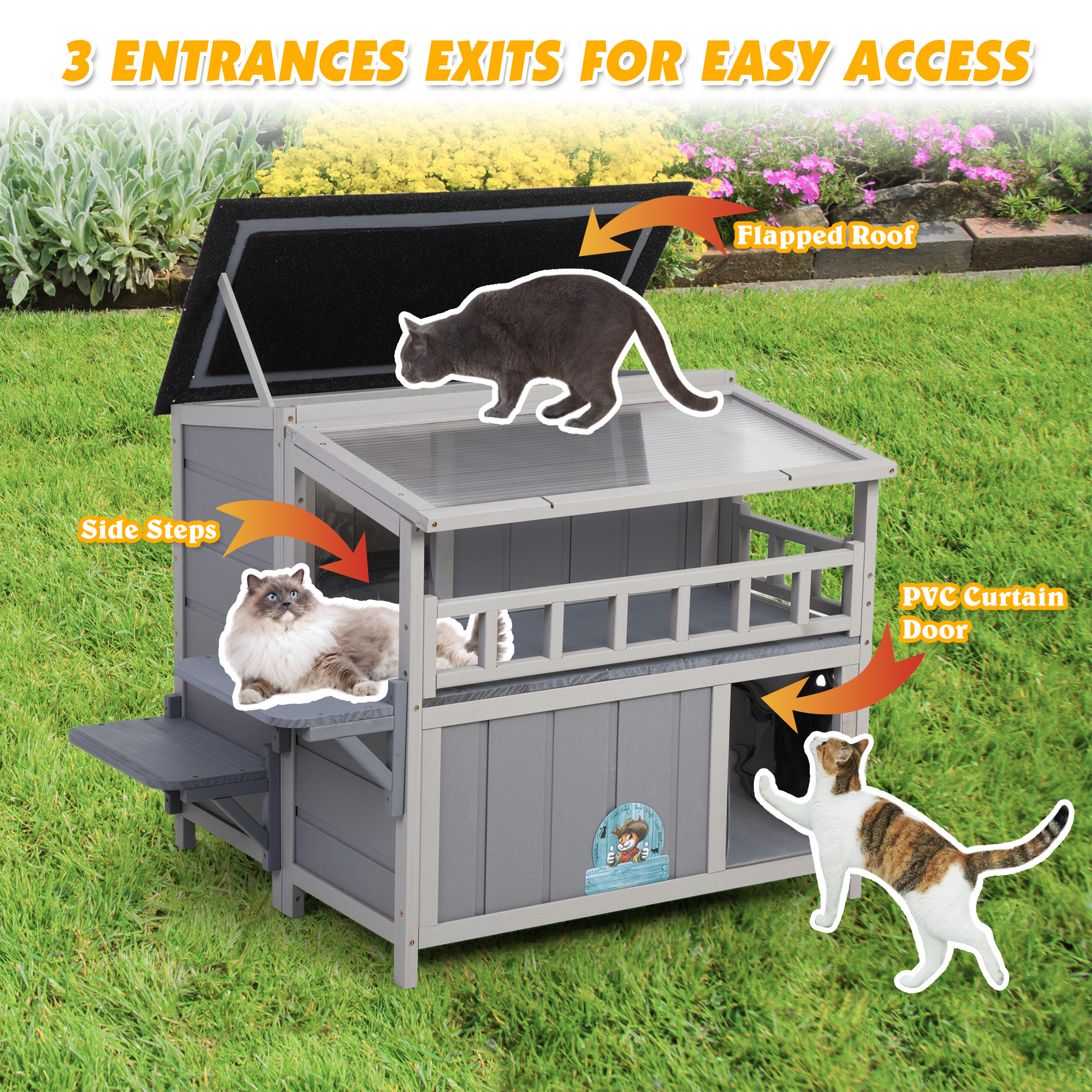 2-Tier Warm Wood Cat Shelter with Sunlight Roof, Outdoor Kitty Cat House, Balcony, Jumping Platforms, Kitty Pet Porch Enclosure, Weatherproof Outside