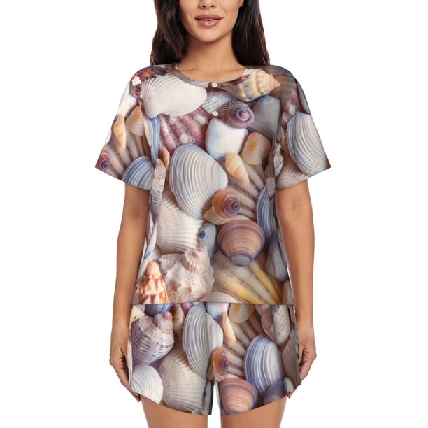 Balery Sea Shells Conjunto de Pijama para Mujer con Estampado, Dos Piezas de Manga Corta y Shorts, Ropa de Dormir Suave con Cuello Redondo y Bolsillos-X-Large