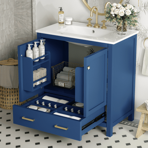 30" Ceramic Sink Modern Freestanding Vanity Cabinet, Modern Bathroom Cabinet with Soft Close Doors, Freestanding Vanity with Storage for Bathroom, Blue