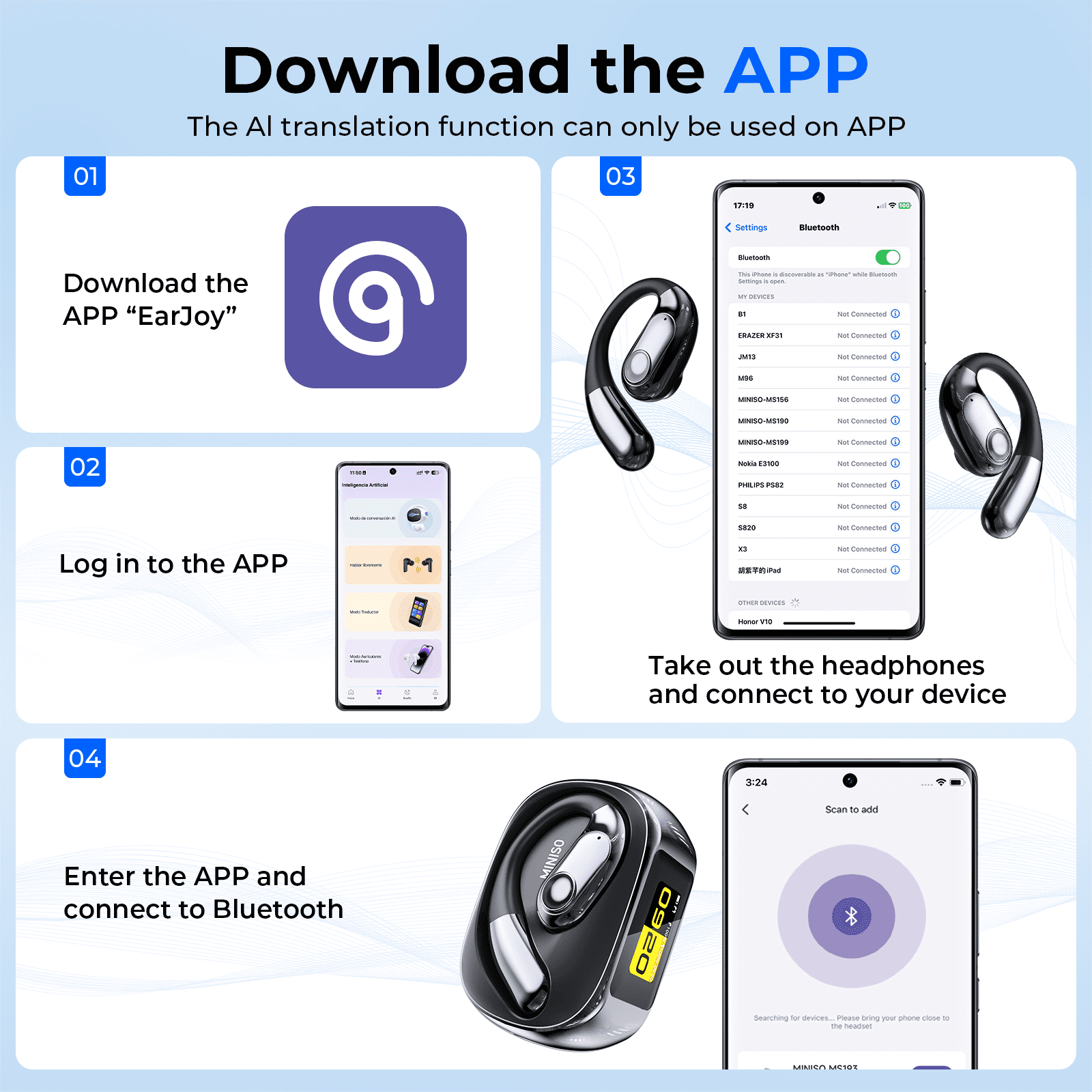 MINISO MS193 Open Ear Earbuds Wireless Earbuds Real Time AI Translation Earbuds 135 Language Translator with LED multi-function Display