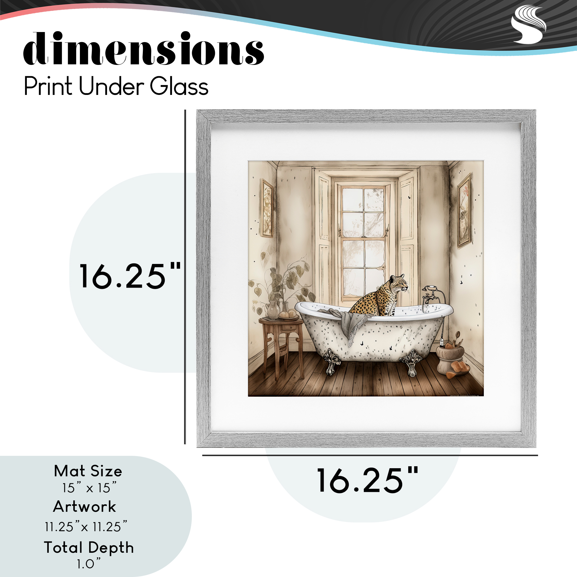 Neutral Leopard Bathtime Gray Framed Print Under Glass, design by Sasha