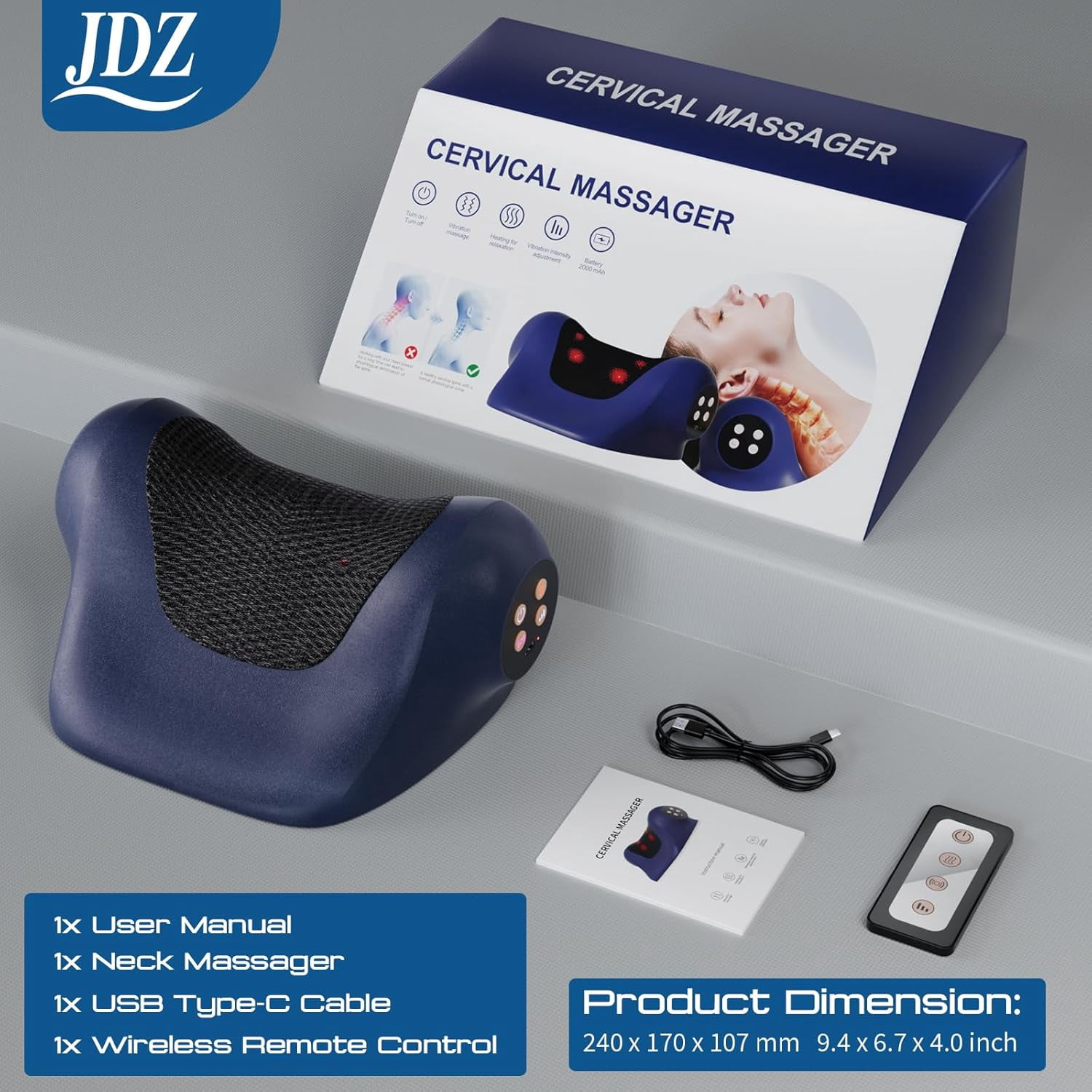 Neck Massager with Heat, 3-in-1 Electric Cervical Massager for Pain Relief & Hot Compress, Ergonomic Neck and Shoulder Relaxer Stretcher - Ideal Gift for Office Workers, Athletes & Everyone, Blue
