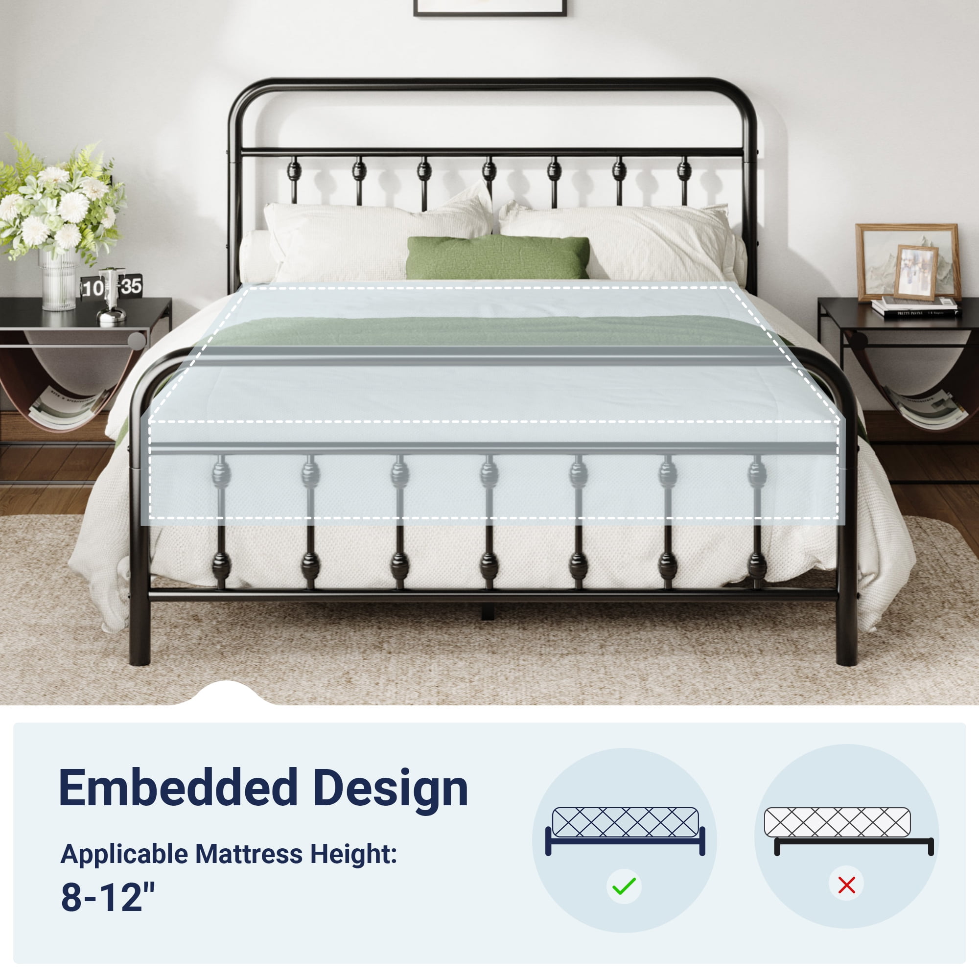 Allewie Full Metal Platform Bed Frame with Vintage Pattern Headboard/Footboard, No Box Spring Needed, Black