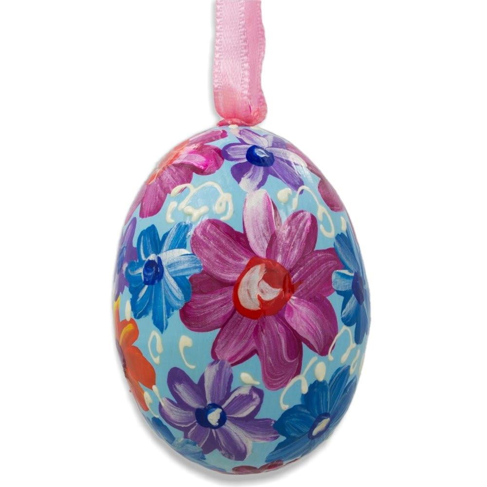 Purple and Orange Flowers on Blue Wooden Egg Easter Ornament 3 Inches
