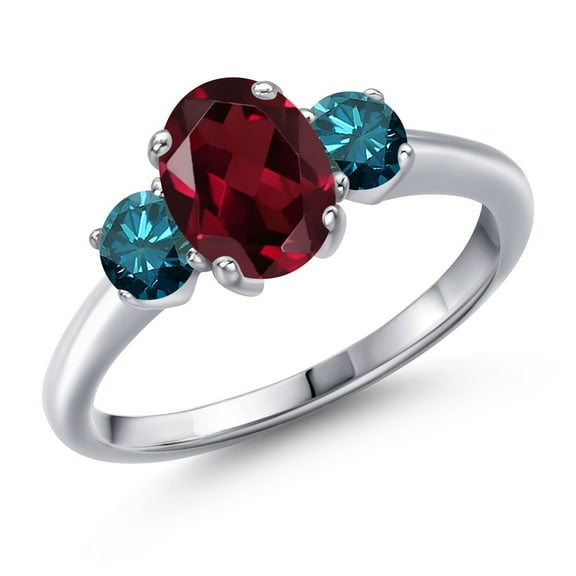 Gem Stone King 1.89 Ct Oval Red Rhodolite Garnet Blue Diamond 925 Sterling Silver Ring