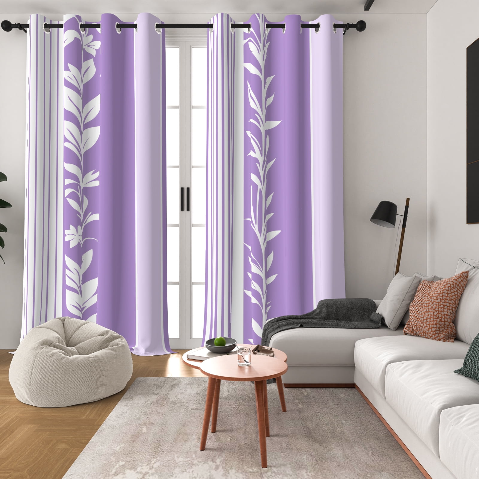 Lfeey Purple with White Floral Blackout Curtain, Bedroom Room Darkening Grommet Curtains, 42x63 inches, 2 Panels