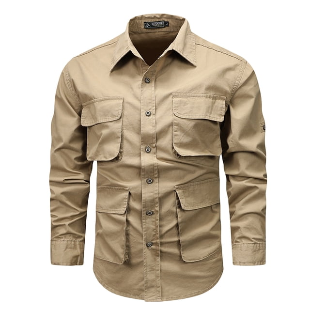 RXIRUCGD Cardigan à Manches Longues pour Hommes, Col Rabattu Uni, Multiples Poches, Boutons, Khaki, Taille : 2TG