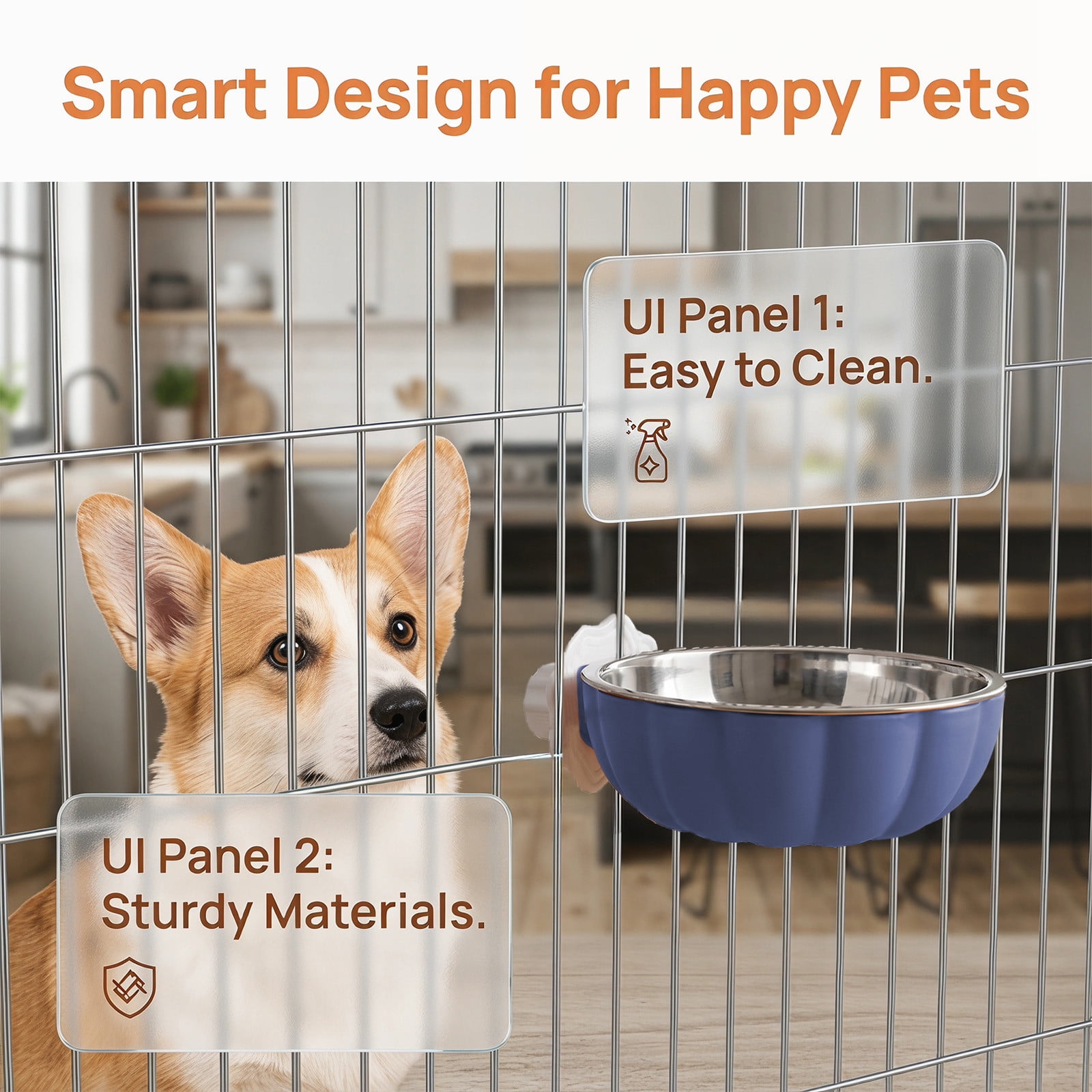 AuroraX Hanging Stainless Steel Dog Bowl Adjustable Height Hook On Pet Feeder Durable Easy Clean Space Saving Foolproof Indoor Pet Feeding Supplies Blue National Dog Day International Cat Day