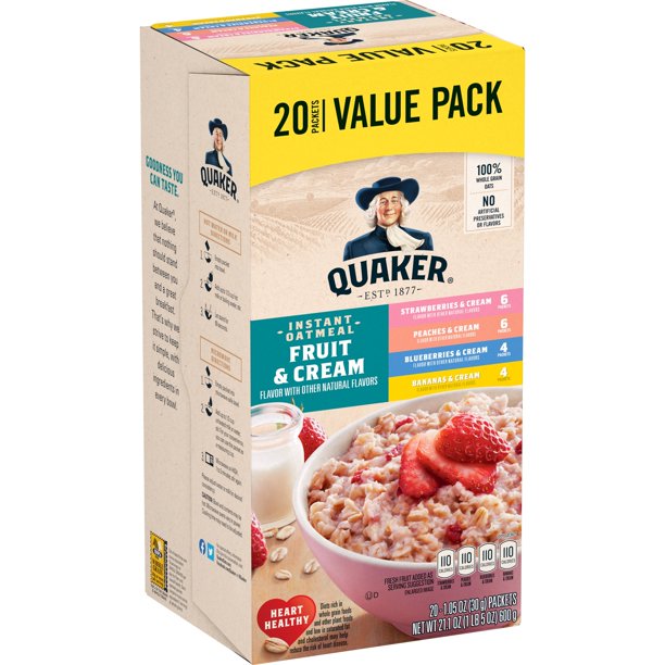 Quaker Instant Oatmeal, Fruit & Cream Variety Pack, Value Pack, 20