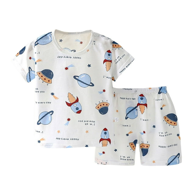 XDZJLR Pyjamas pour Tout-Petits Garçons Tenues de Nuit Manches Courtes Col Ras du Cou T-Shirt Imprimé Shorts Doux Ensemble de Pjs d'Été Bleu Clair 18-24 Mois