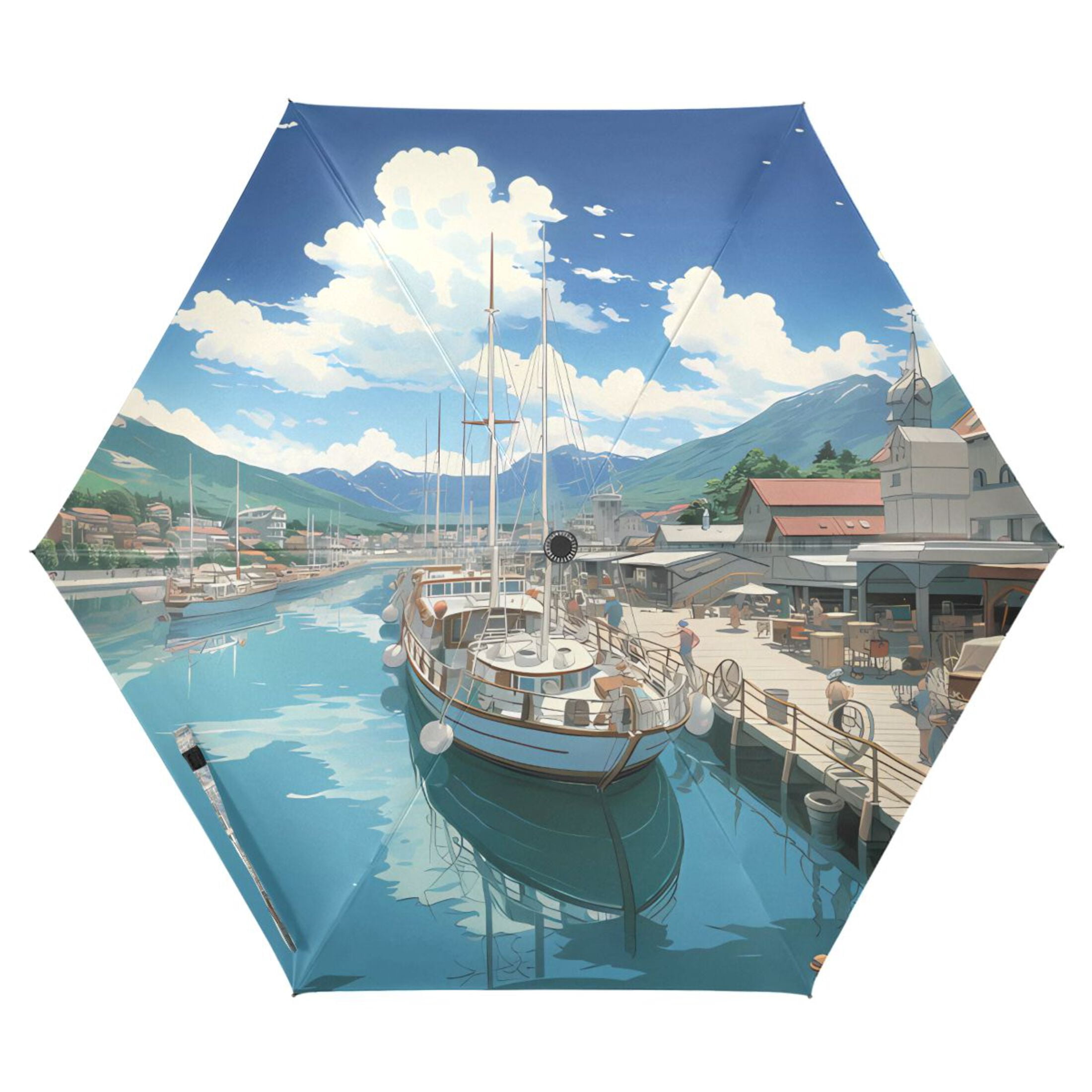 Sailing Boats Docked in Town Compact Sun Umbrella Windproof Travel Umbrellas for Rain Strong Portable UV Protection