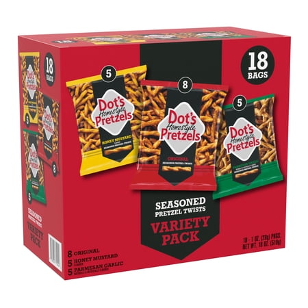 Dot's Pretzels Variety Pack, Original, Honey Mustard, MDH1and Parmesan Garlic Twist Snack, 1oz Individually Sized Bags (18 Count)