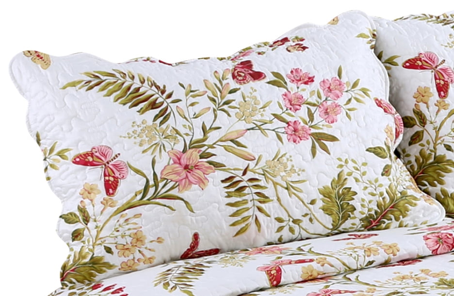 Marina Decoration Couvre-lit imprimé riche, couvre-lit ultra doux pour l'été, avec taies d'oreiller matelassées, motif papillon et fleur rose vert rouge