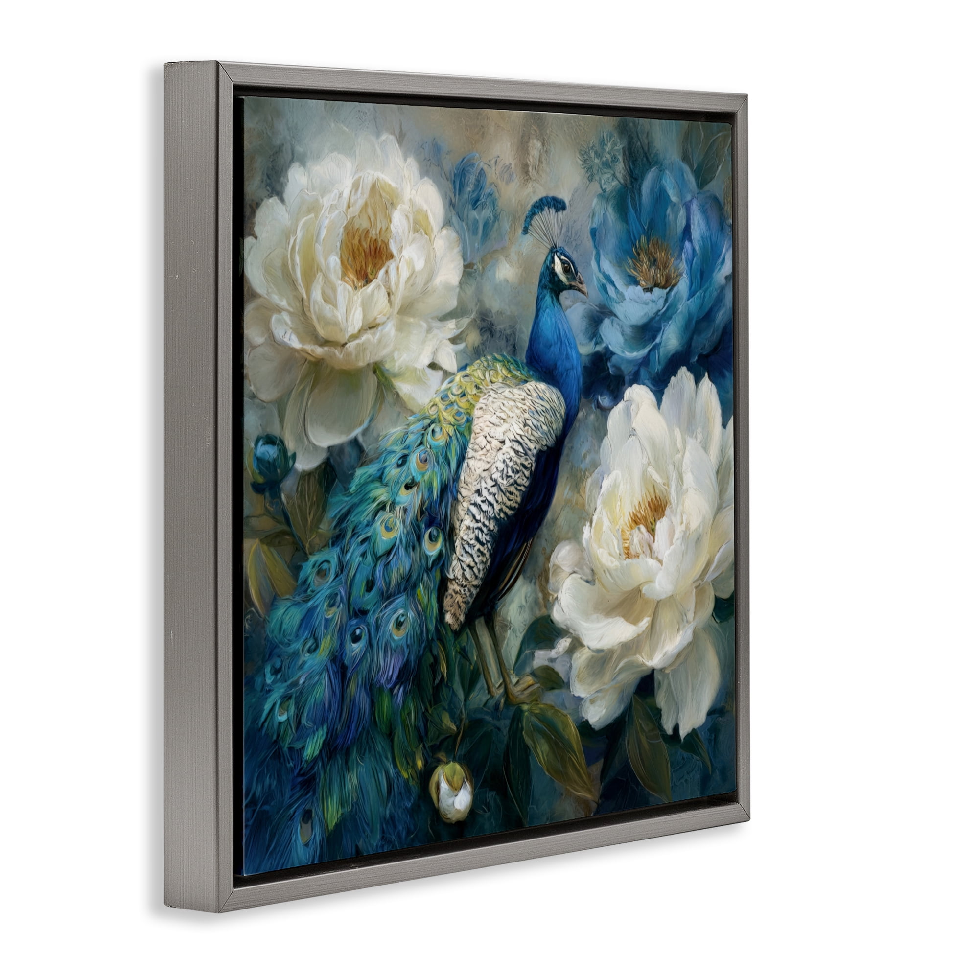 Stupell Industries Pretty Peony Peacock Gray Framed Floater Canvas Wall Art, design by Tina LeCour