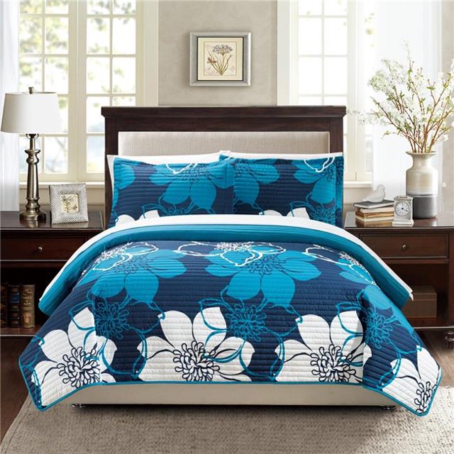 Chic Home 3 Piece Capiz Abstract Large Scale Printed Floral Quilt Set, Blue
