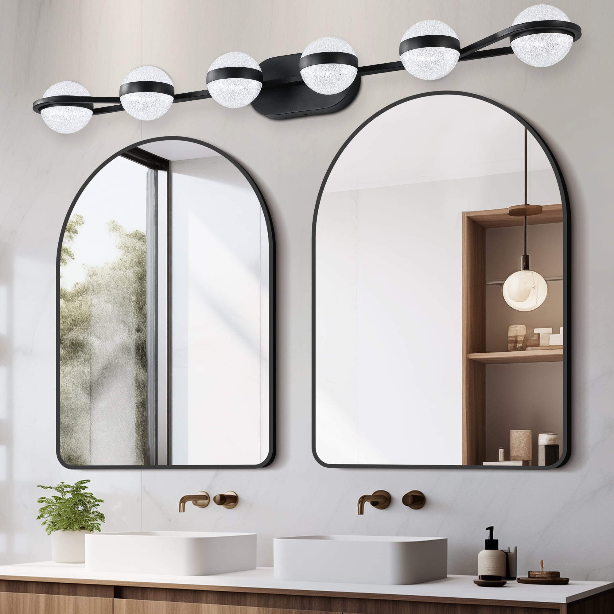 YANSUN 43.3 in Black Minimalist LED 6-Light Bathroom Vanity Light with Crystal Sand Acrylic Shades for Bathroom Mirror, Hallway, Bedroom