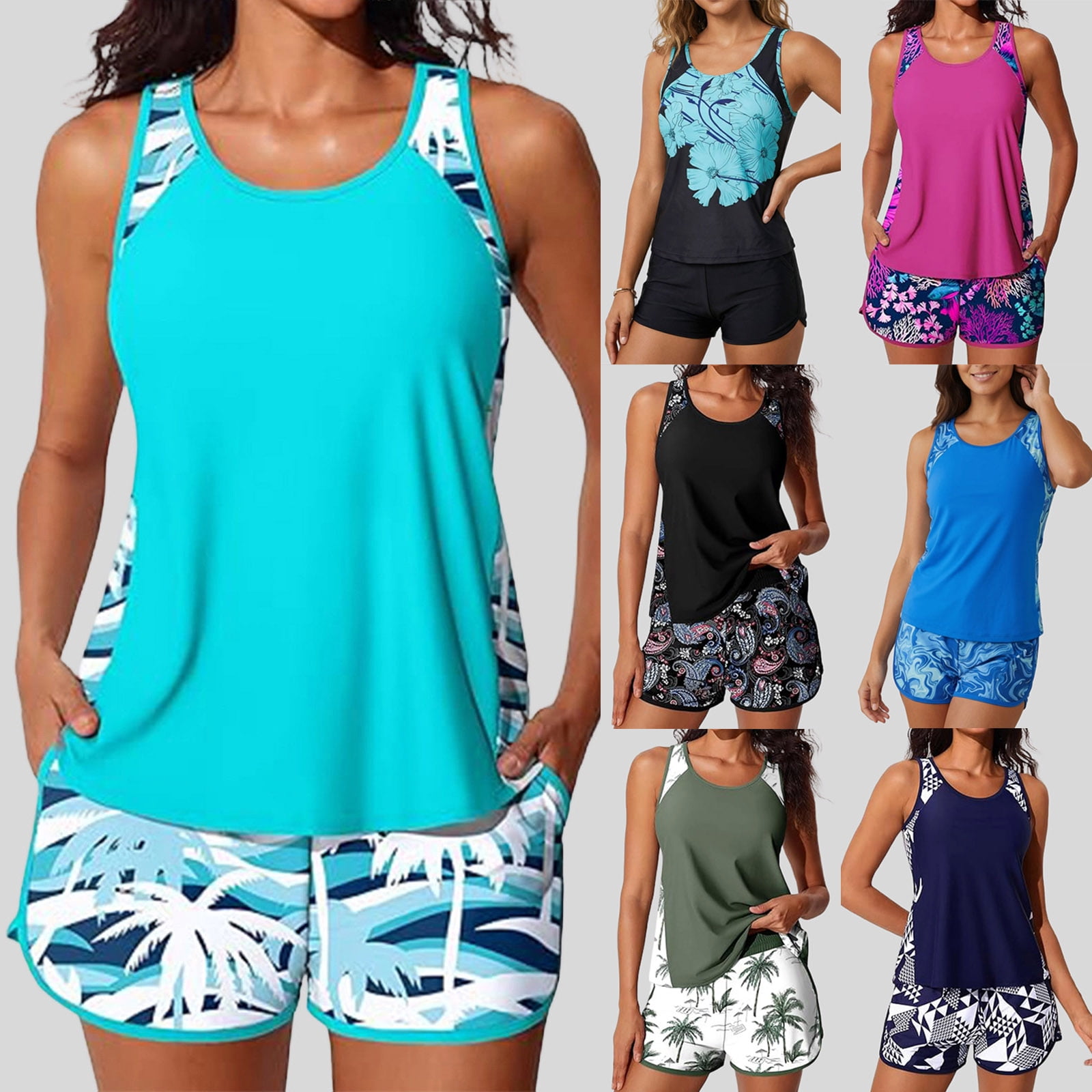 COMVALUE Blouson Tankini Swimsuits for Women 2026 Tummy Control Two Piece Bathing Suits with Sporty Pockets Swim Shorts (Army Green, XL)