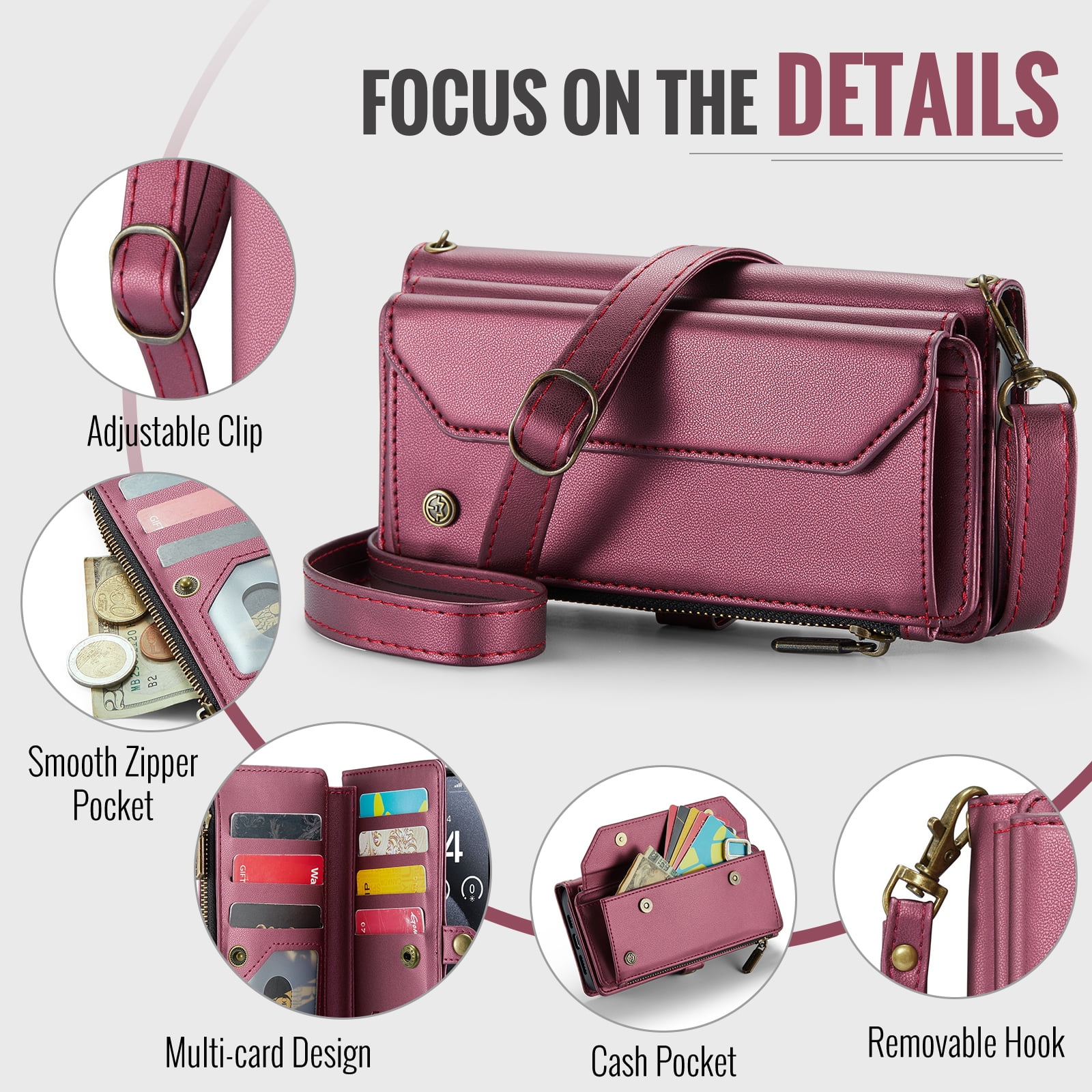 Dteck for iPhone 11 Pro Case with RFID Blocking Wallet Case for Women Men, Shockproof PU Leather Magnetic Flip Strap Zipper Card Holder Phone Case,Winered