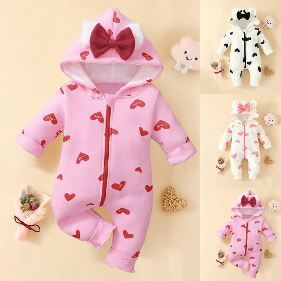 Zwiiyzr Baby Infant Boys Girls Toddler Baby Heart Printed Romper Plush Cute Bear Ears Jumpsuit Winter Thick Keep Warm Outfits Long Sleeve Onesie Black